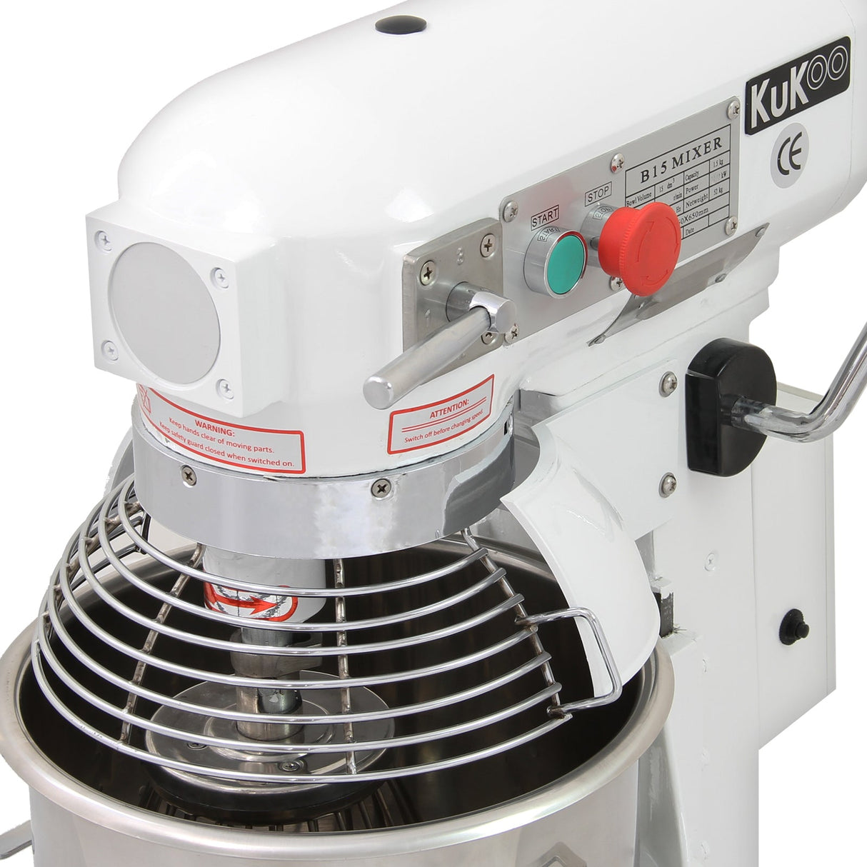 White commercial planetary mixer with stainless steel bowl, spiral whisk, and control panel featuring red and green buttons