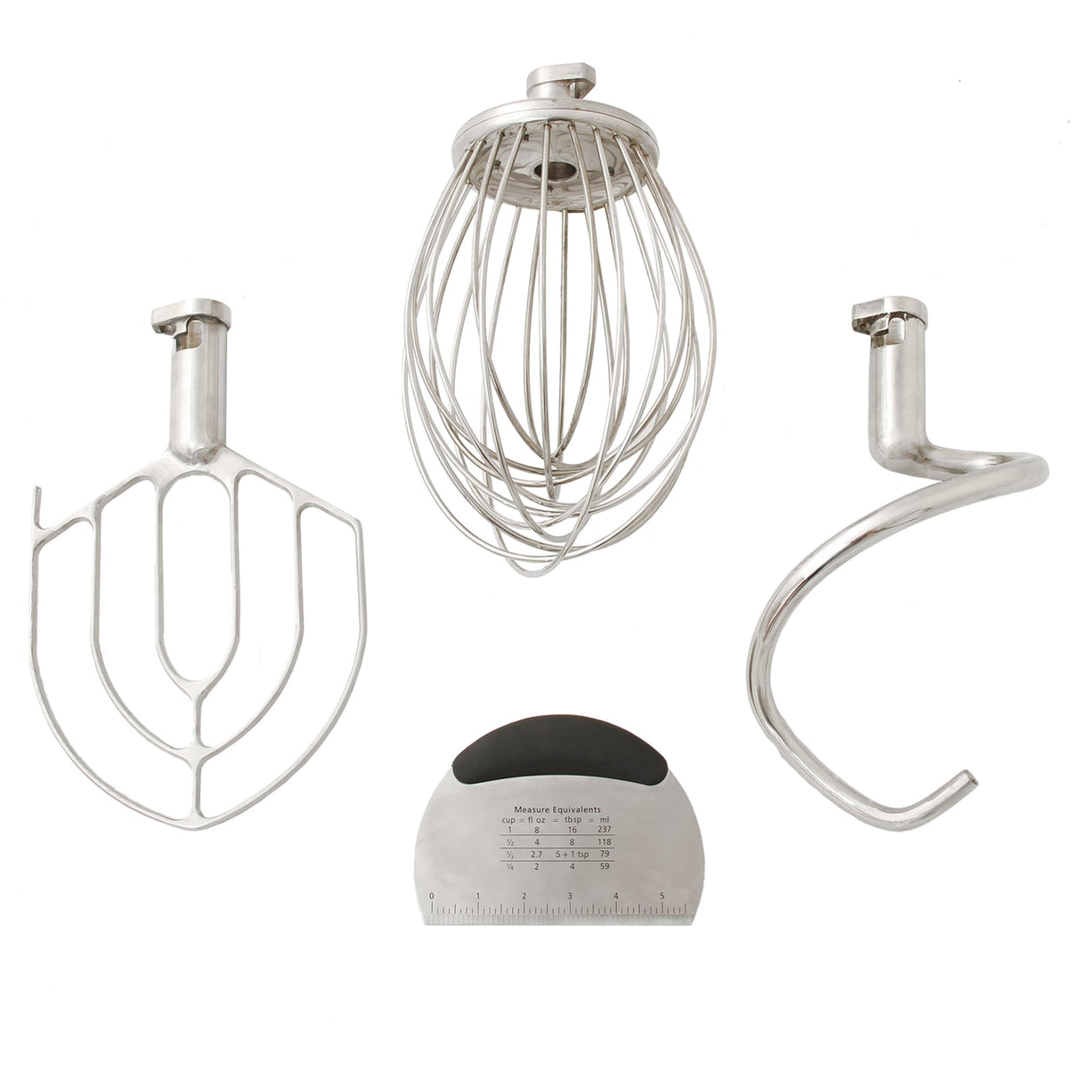 Three stainless steel mixer attachments: a whisk, dough hook, and beater, arranged with a measuring scraper for baking precision