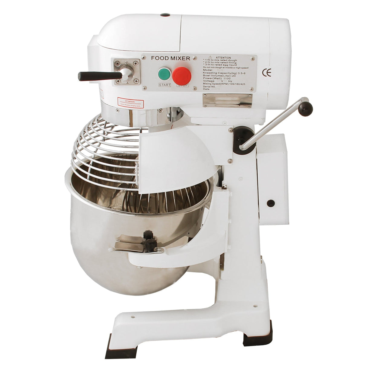 Commercial 20L planetary food mixer in white with a stainless steel bowl, featuring a protective guard and easy-to-use controls