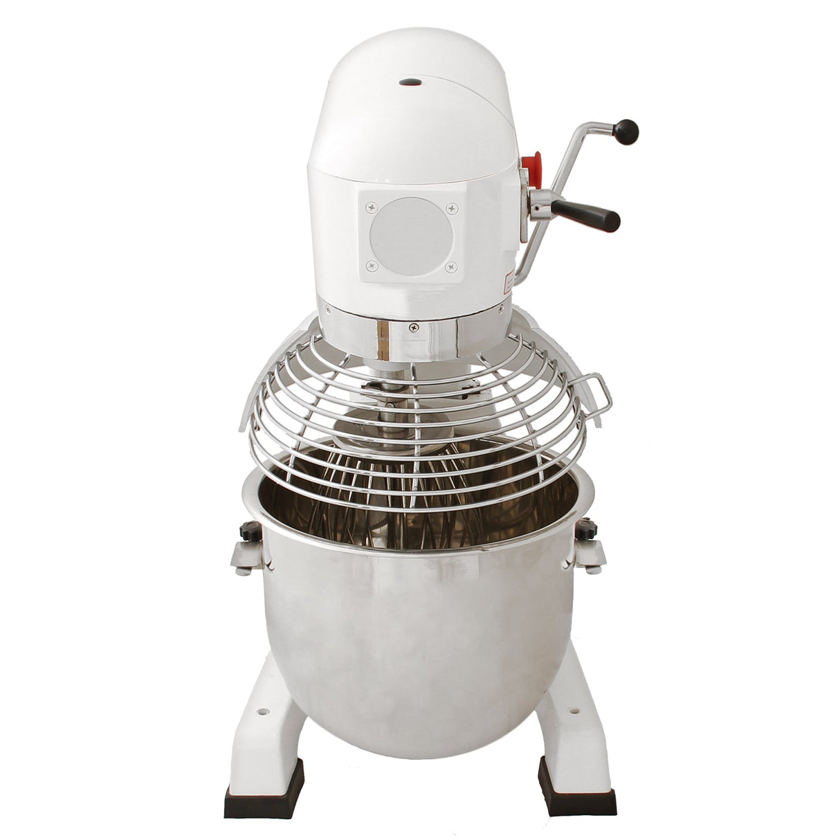 Commercial 20L planetary food mixer with a sleek white body, stainless steel bowl, and a protective wire guard for safety