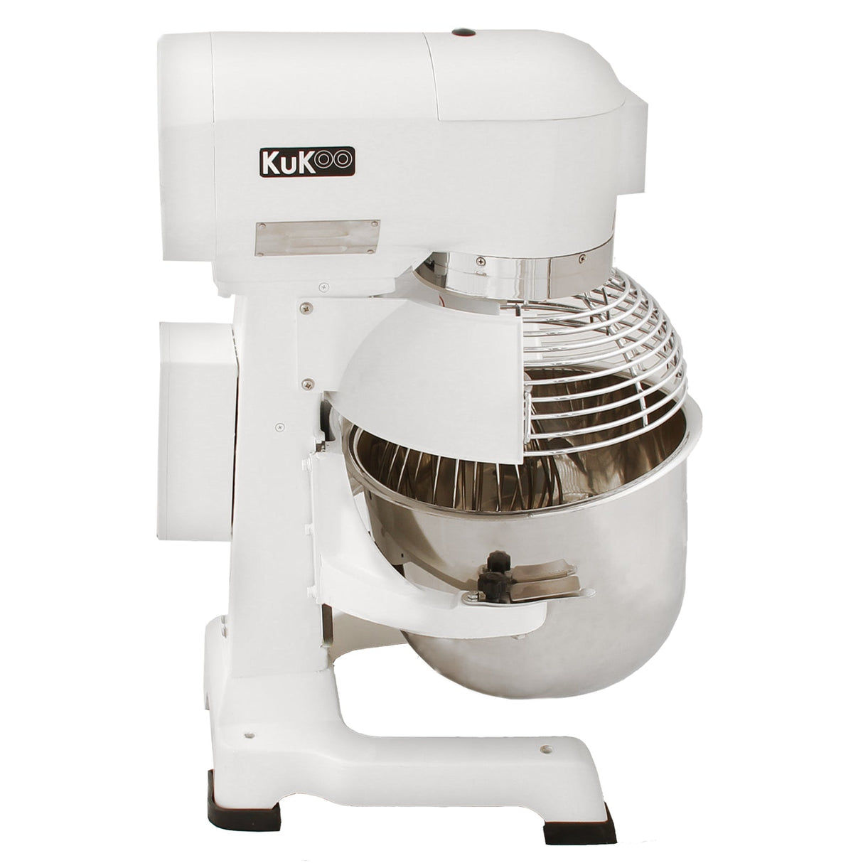 Commercial 20L planetary food mixer in white with stainless steel bowl, featuring a spiral mixing attachment and safety guard