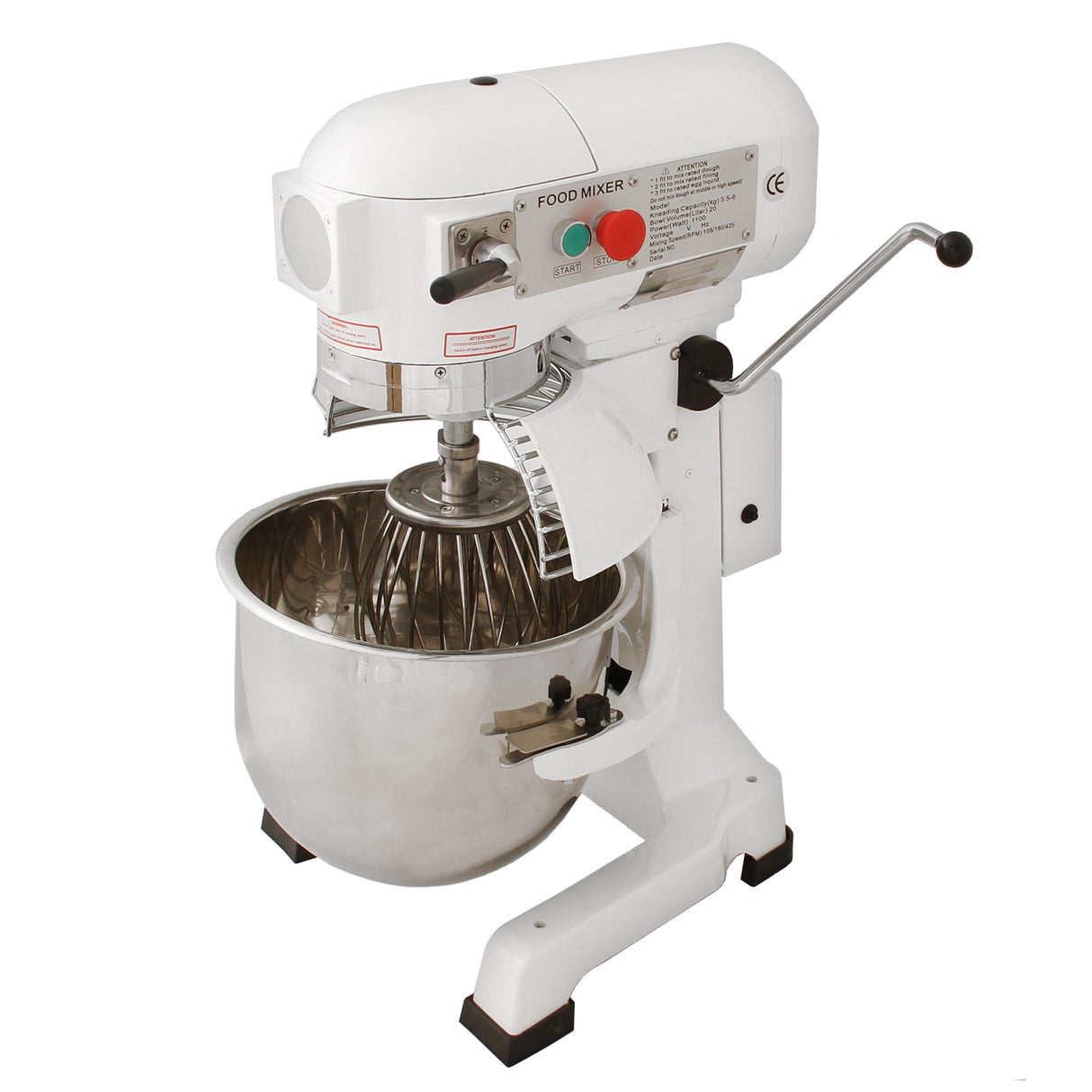 Commercial 20L planetary food mixer with a stainless steel bowl, white body, and adjustable speed control for efficient mixing