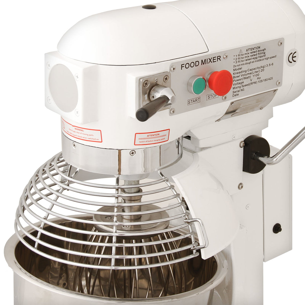 Commercial 20L planetary food mixer with a stainless steel bowl, white body, and a shiny wire whisk attachment for efficient mixing