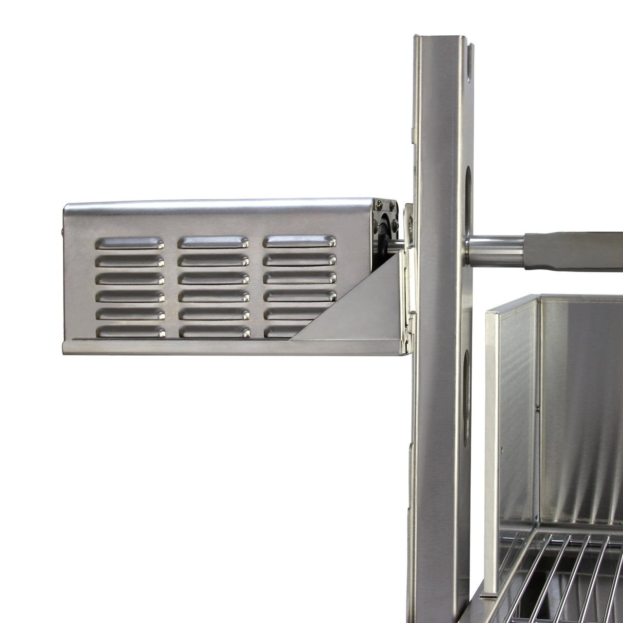 Stainless steel KuKoo hog roast machine featuring a side-mounted charcoal tray with ventilation slots for optimal airflow