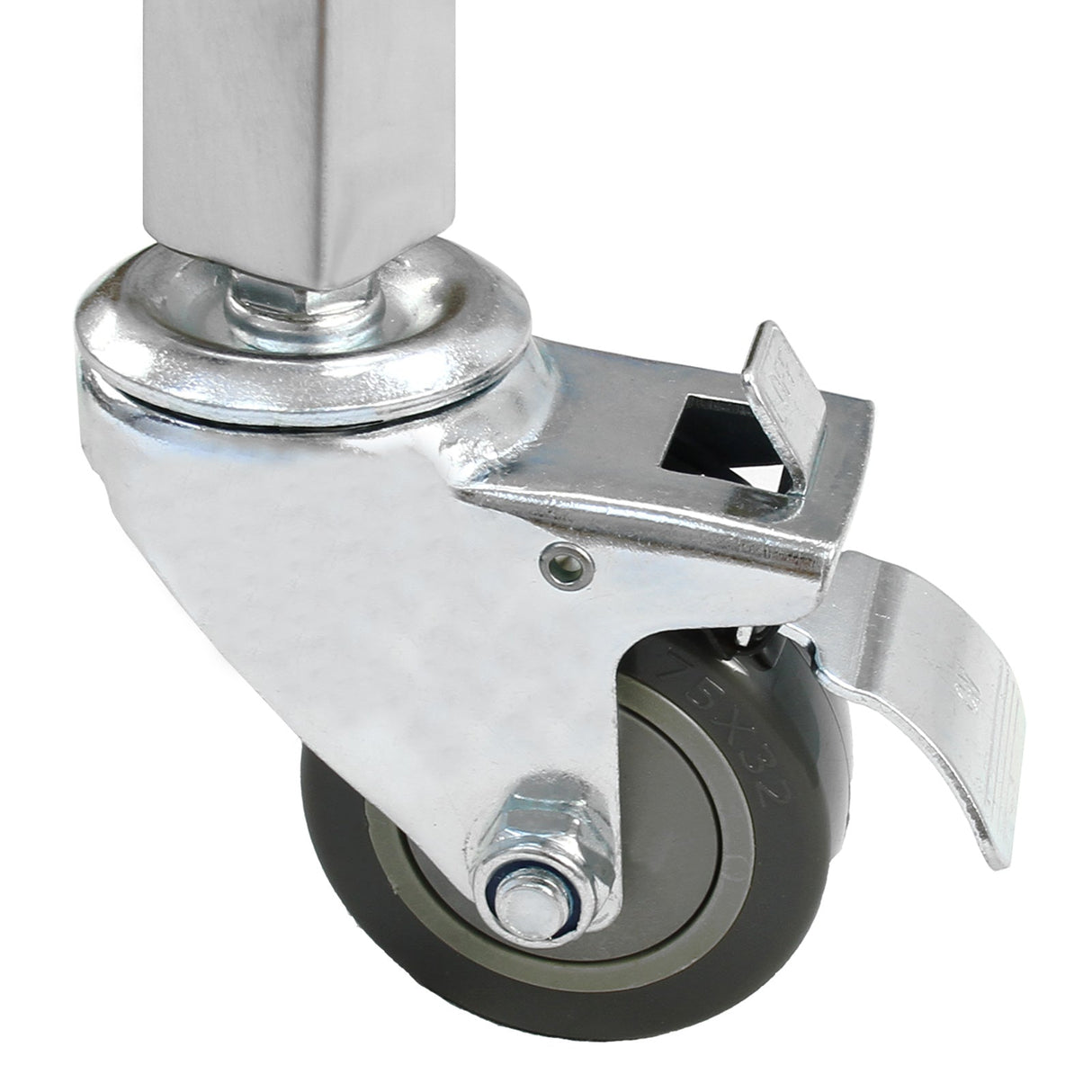 Close-up of a sturdy metal caster wheel with a gray rubber tire, featuring a locking mechanism for stability and mobility