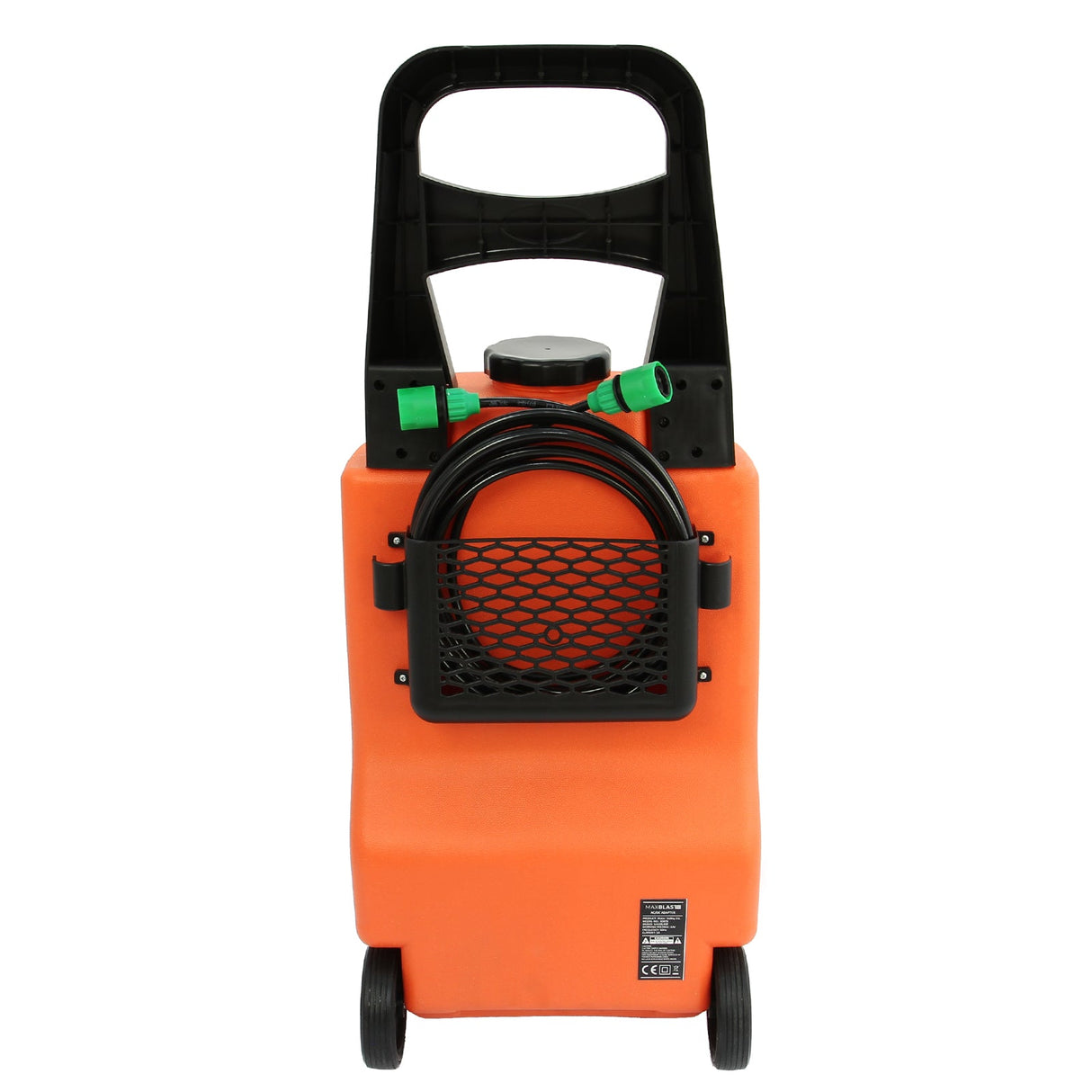 Bright orange MAXBLAST 30L cleaning water trolley with a sturdy black handle, hose holder, and durable wheels for easy transport