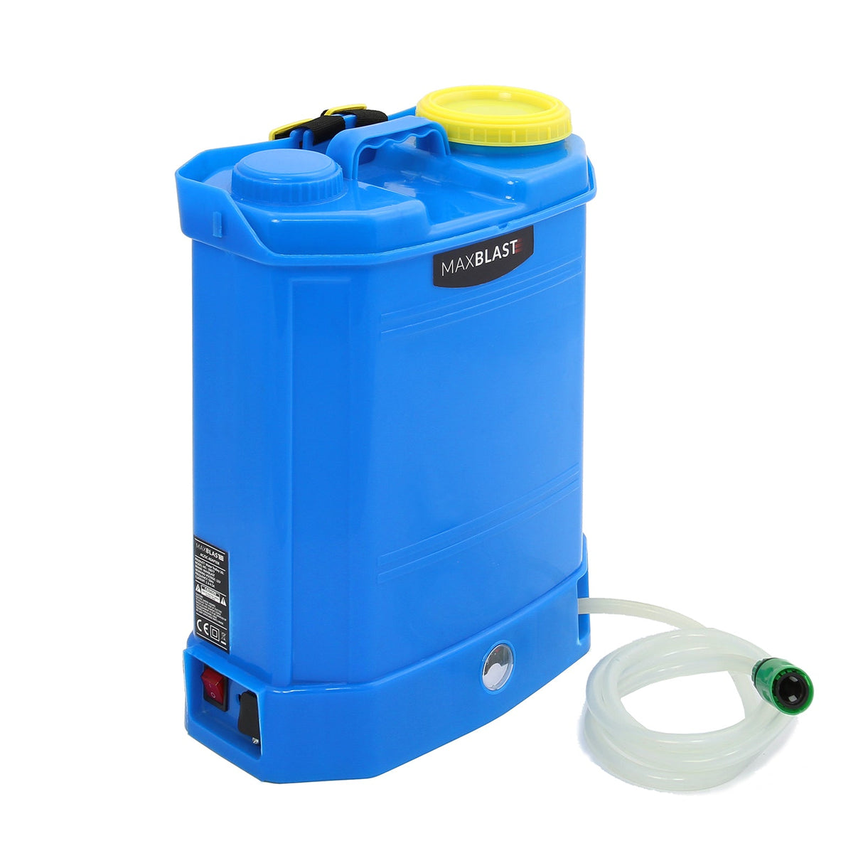 Bright blue MAXBLAST 16L water fed cleaning backpack with yellow cap, hose attachment, and sturdy handle for easy transport