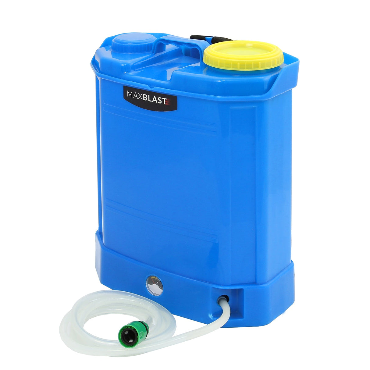 Bright blue MAXBLAST 16L water fed cleaning backpack with yellow cap, hose attachment, and sturdy design for efficient cleaning