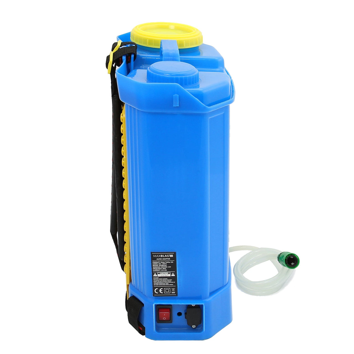 Bright blue MAXBLAST 16L water-fed cleaning backpack with yellow cap, featuring a hose attachment and adjustable shoulder straps
