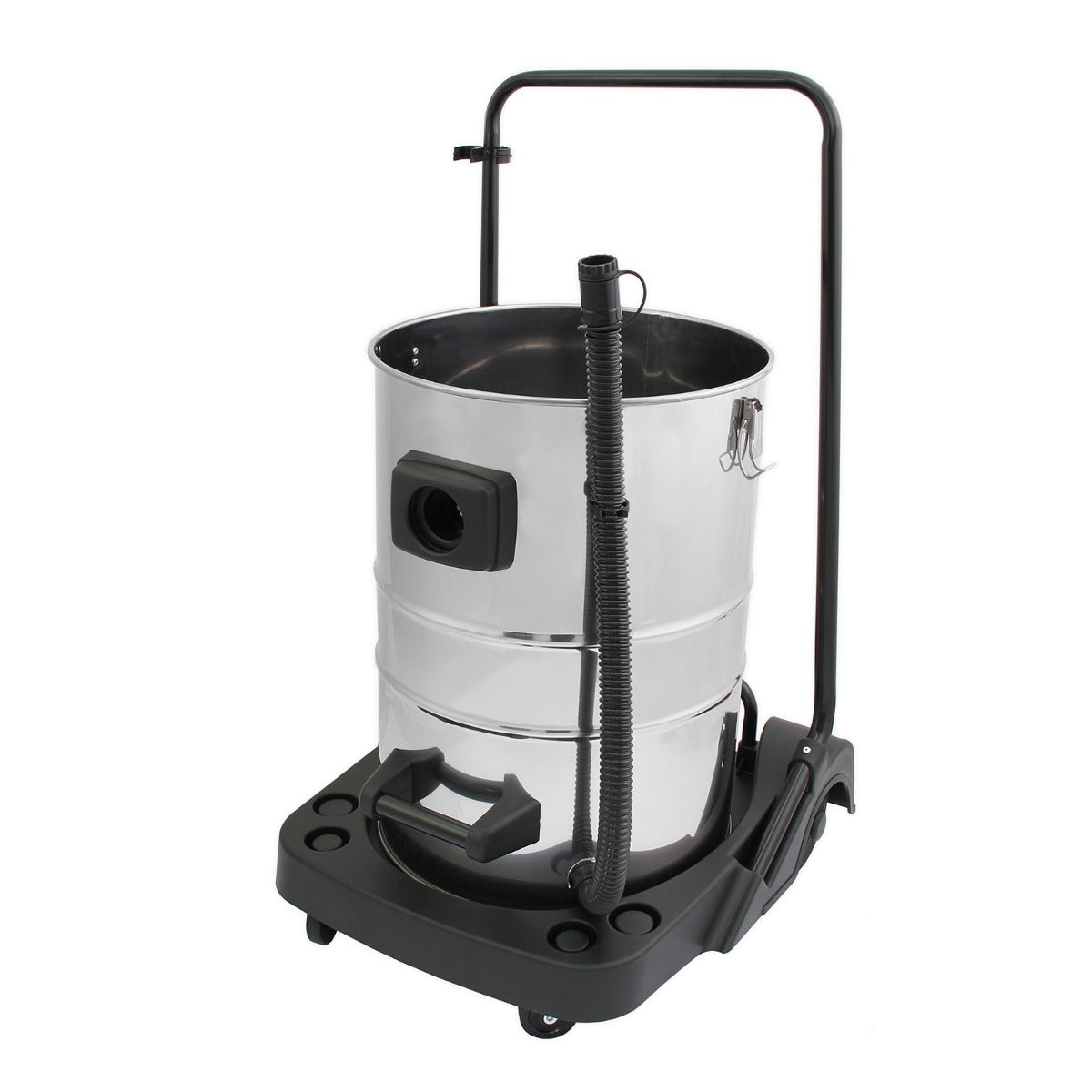 MAXBLAST 80L industrial vacuum cleaner with a shiny silver metal tank, black base, and flexible hose for efficient cleaning