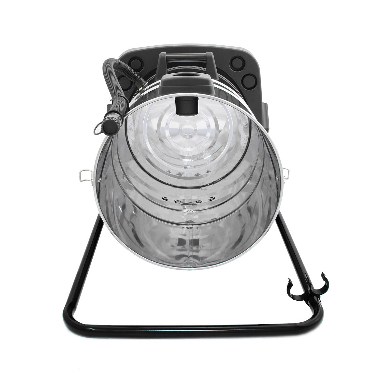 MAXBLAST 80L industrial vacuum cleaner with a transparent cylindrical tank, black hose, and sturdy metal frame, designed for heavy-duty cleaning