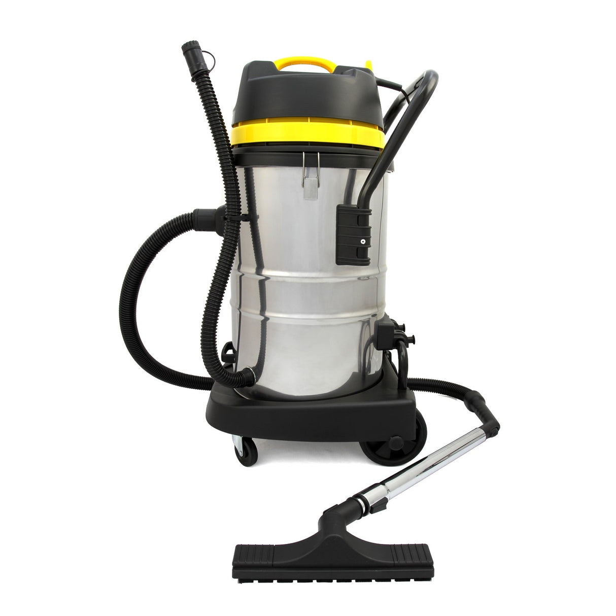 Stainless steel MAXBLAST 60L industrial vacuum cleaner with yellow accents, flexible hose, and sturdy wheels for easy mobility