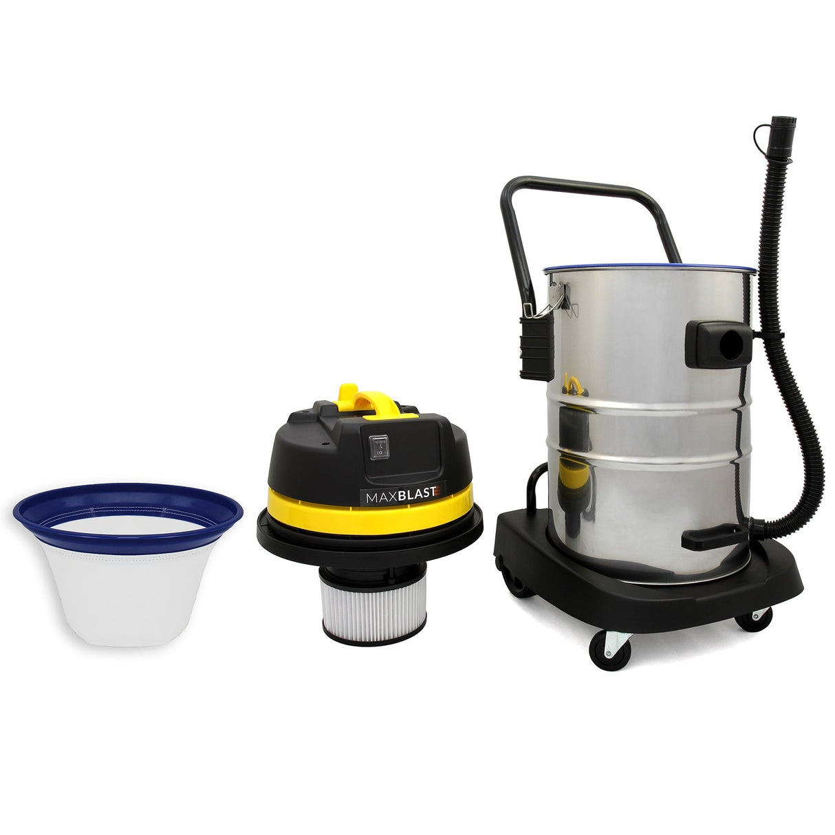 MAXBLAST 60L industrial vacuum cleaner with a shiny silver barrel, yellow motor head, and blue accessory container for versatile cleaning