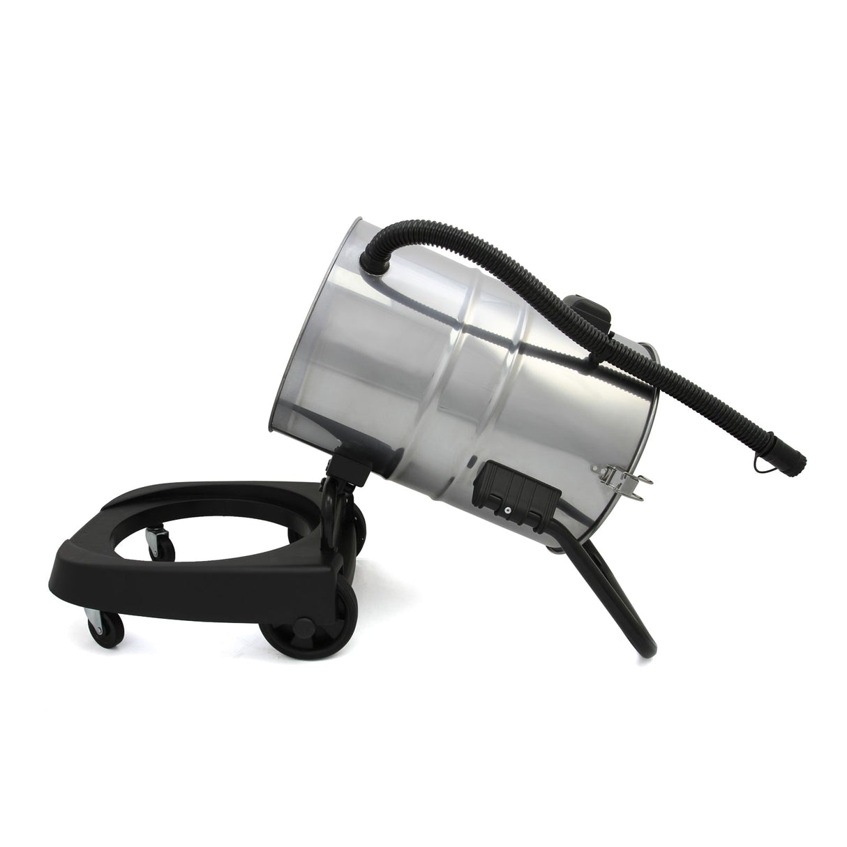 MAXBLAST 60L industrial vacuum cleaner with a shiny silver metal drum, black hose, and sturdy wheeled base for easy mobility