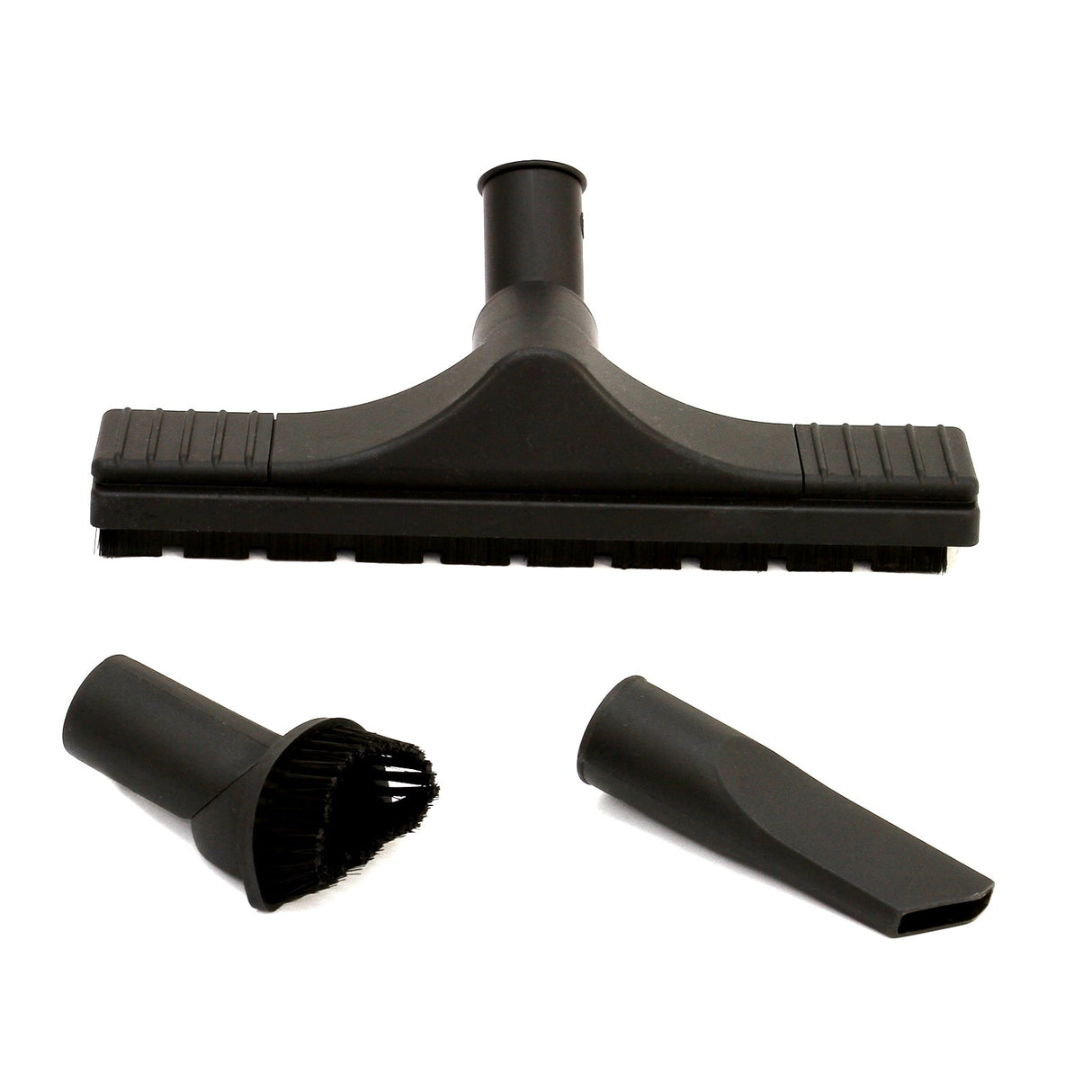 Black vacuum cleaner attachments including a wide floor nozzle, a brush tool, and a narrow crevice tool, designed for versatile cleaning