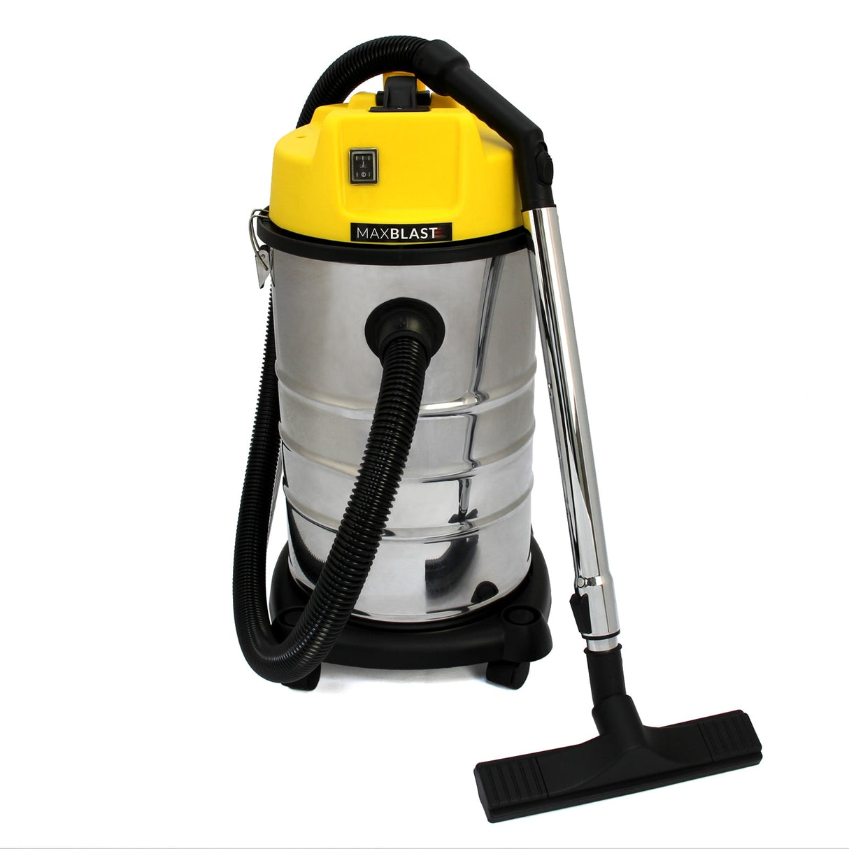 MAXBLAST 30L industrial vacuum cleaner with a shiny stainless steel body, yellow top, flexible black hose, and sturdy black base