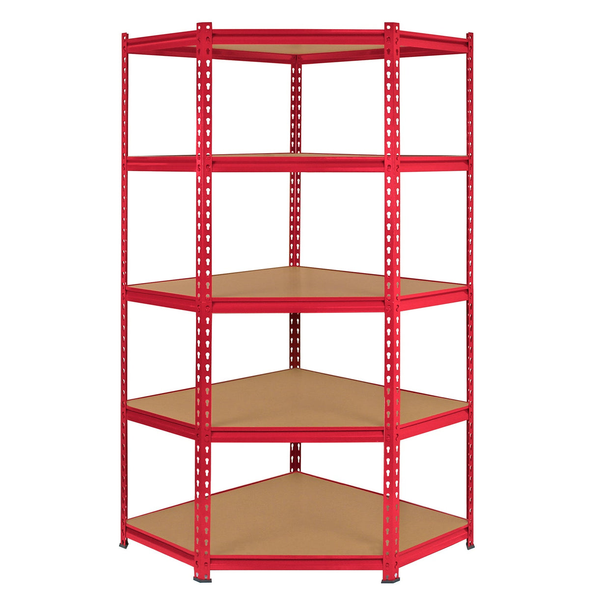 Red Monster Racking Z-Rax corner storage shelf unit with six spacious, sturdy shelves and a sleek, industrial design, 90cm wide