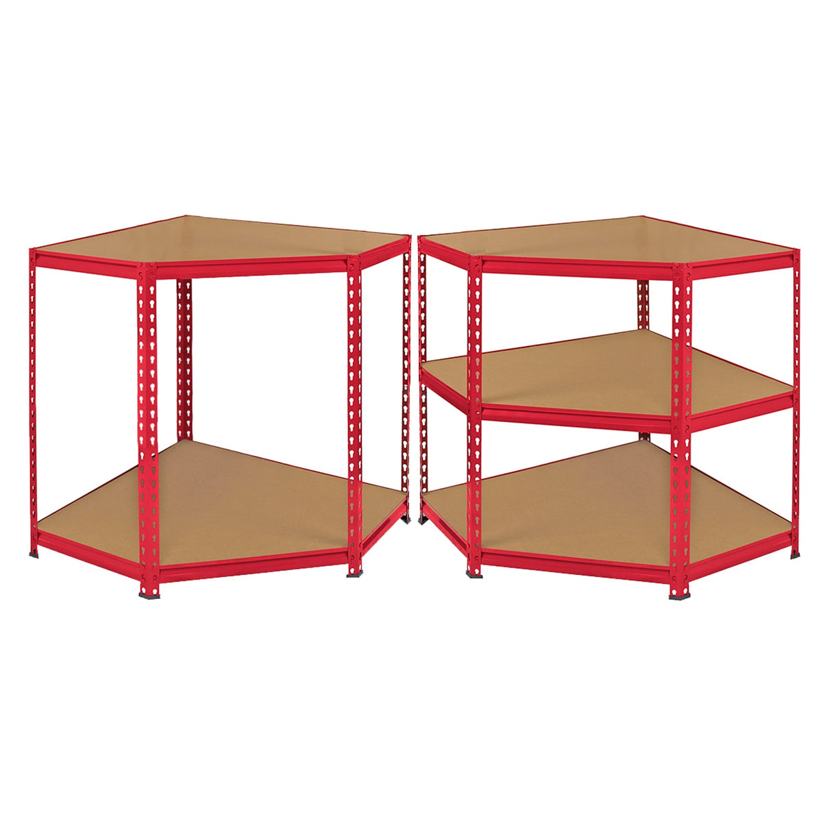 Red Monster Racking Z-Rax corner storage shelf unit with sturdy metal frame and three wooden shelves, ideal for maximizing space