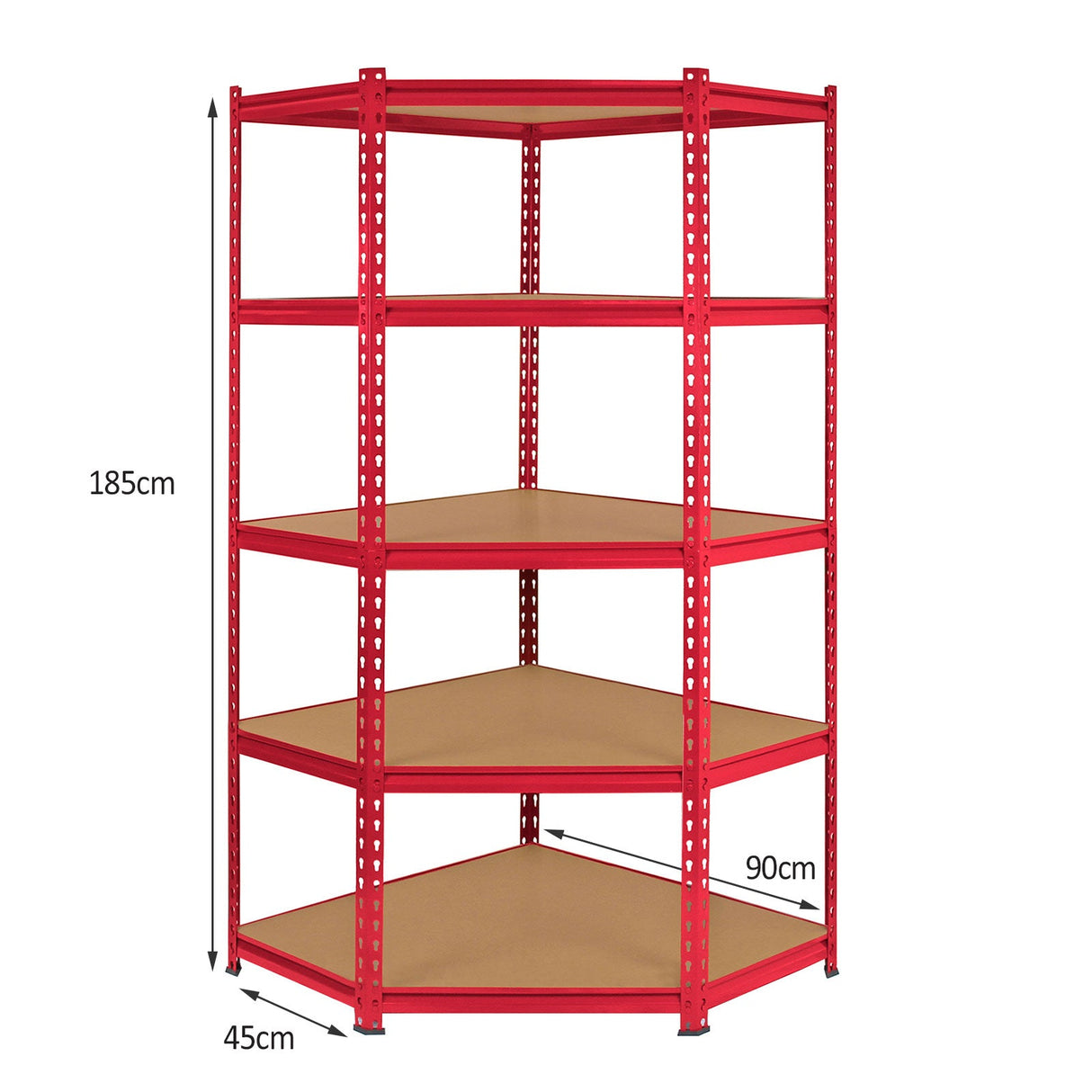 Red Monster Racking Z-Rax corner storage shelf unit with five sturdy shelves, measuring 90cm wide, 185cm tall, and 45cm deep