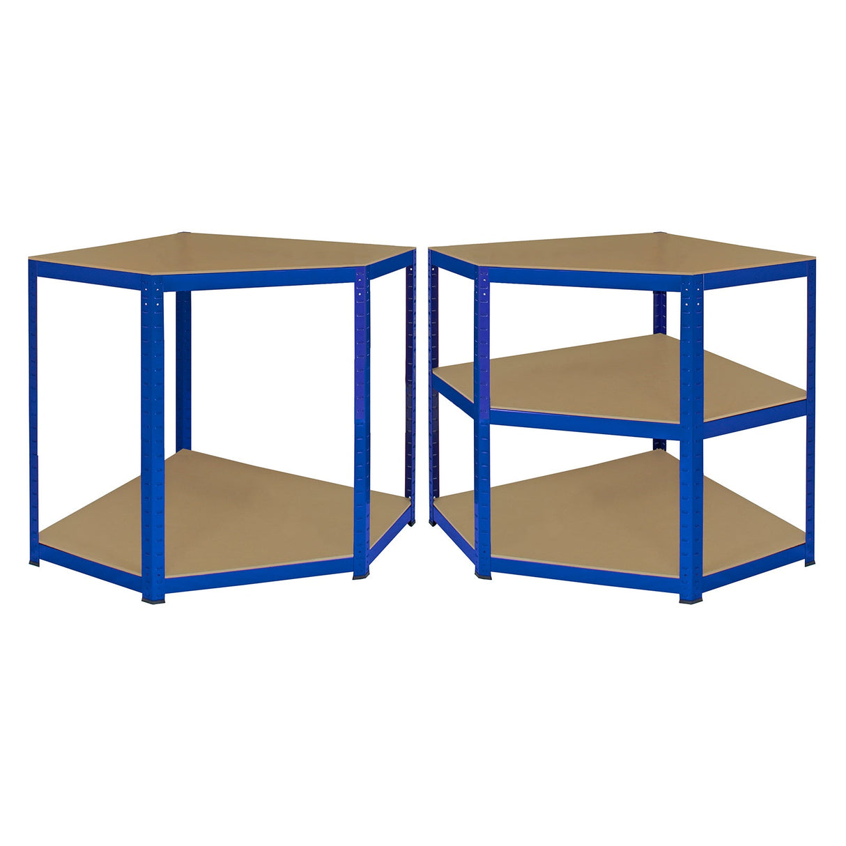 Blue corner storage shelf unit with sturdy metal frame and three spacious, textured shelves for efficient organization