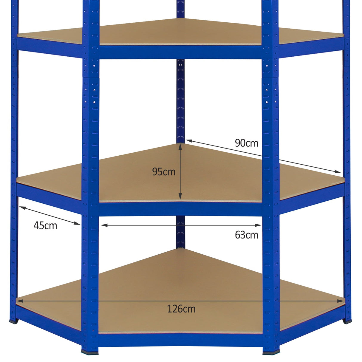 Blue Monster Racking T-Rax corner storage shelf unit with three sturdy brown shelves, measuring 90cm wide and 126cm deep