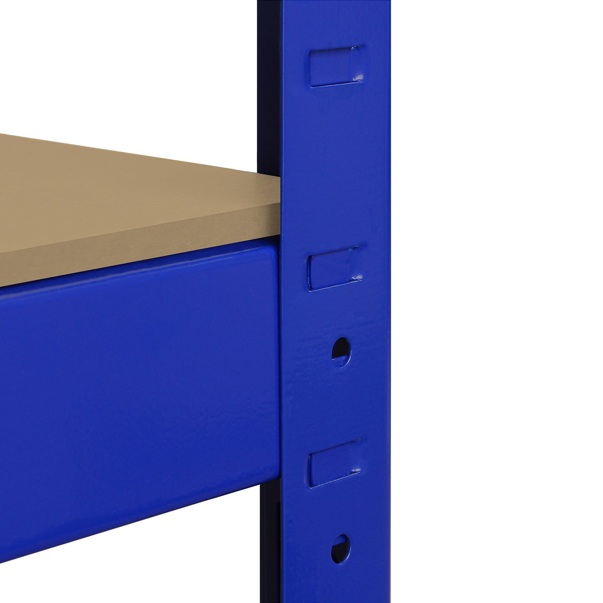 Blue metal corner storage shelf unit with a sturdy beige wooden top, featuring adjustable height slots for versatile organization