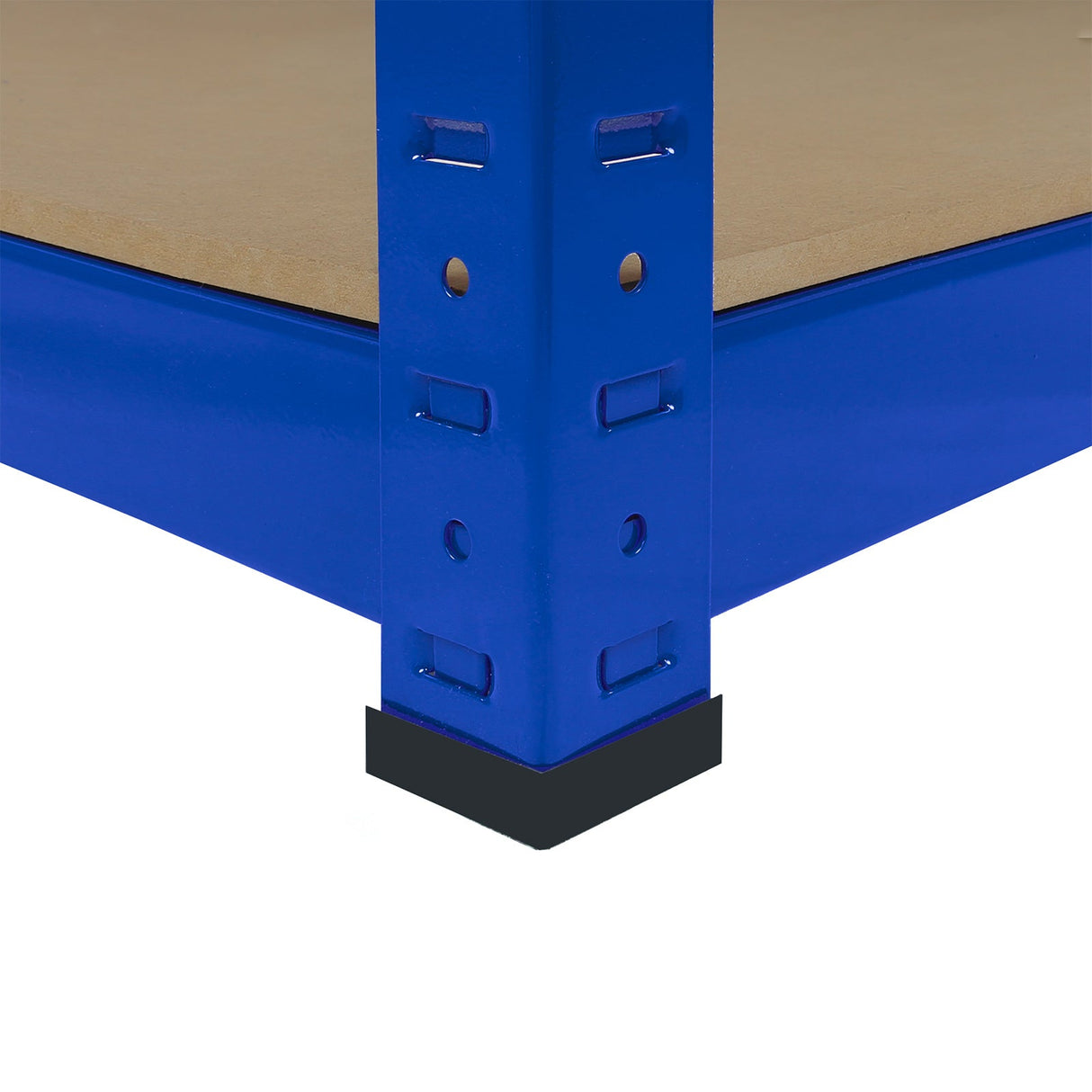Blue metal corner storage shelf unit with sturdy wooden shelves, designed for efficient organization in tight spaces