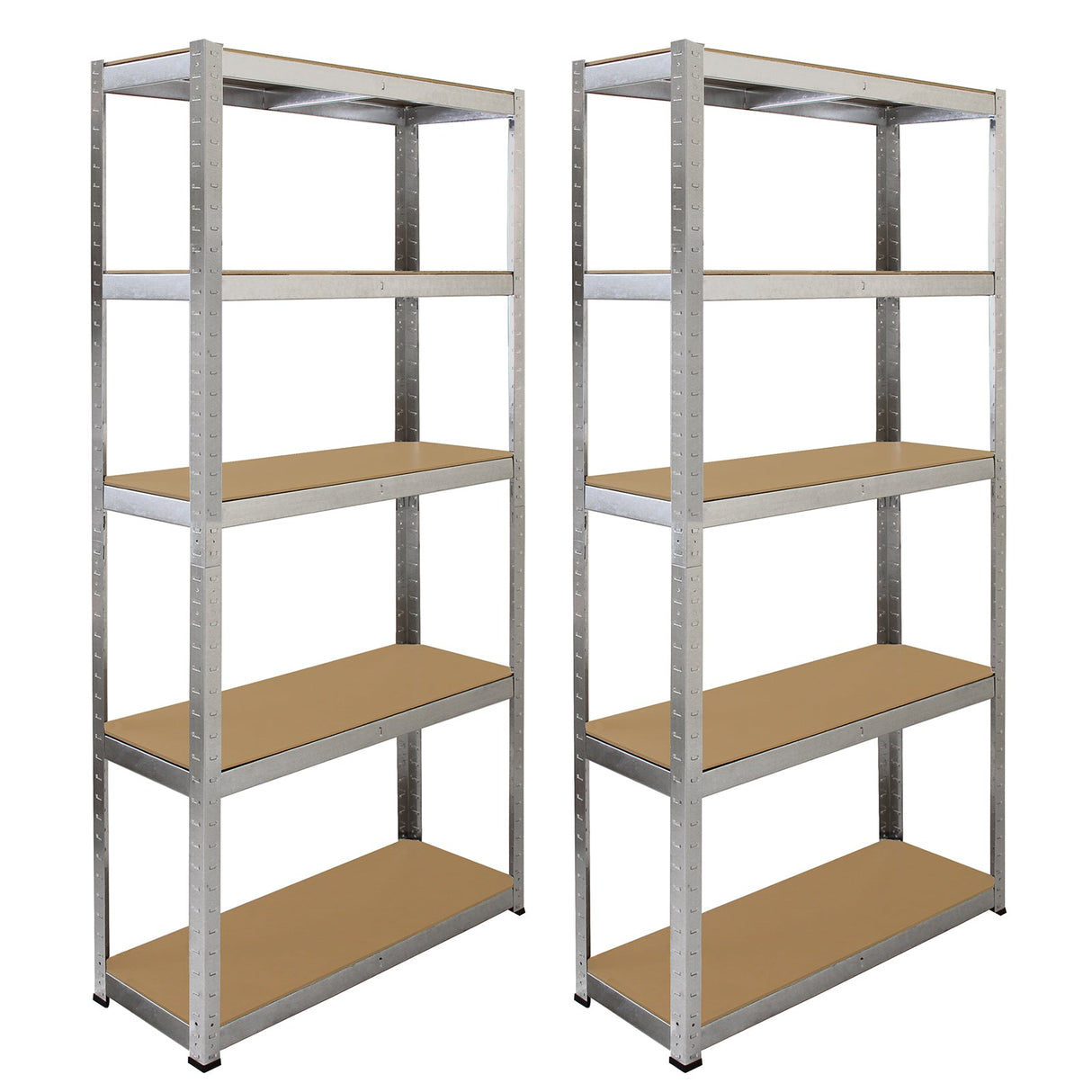 Sturdy metal garage racking bays with five wooden shelves each, featuring a sleek silver finish and ample storage space