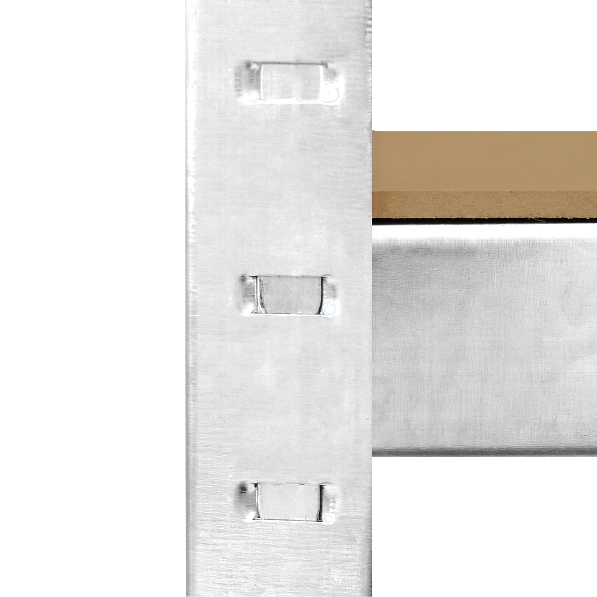 Close-up of a sturdy silver metal racking frame with visible connectors, showcasing its robust design for garage storage solutions
