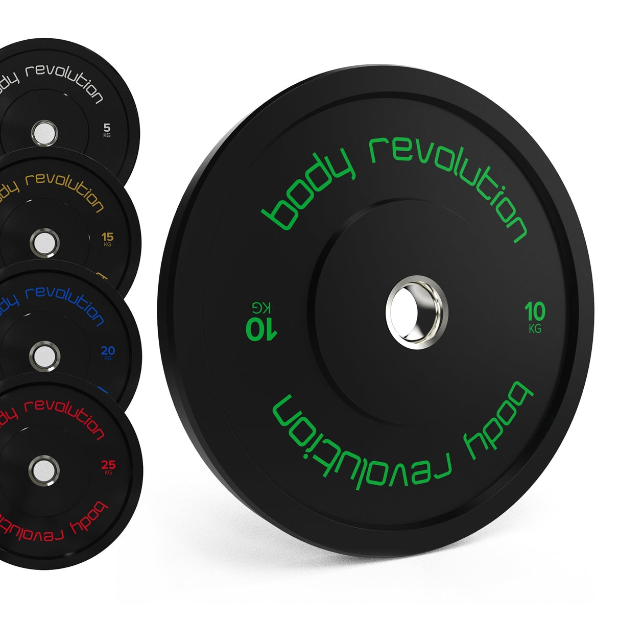 Black Olympic bumper plates featuring vibrant color-coded weights, with clear branding and a textured surface for grip and durability