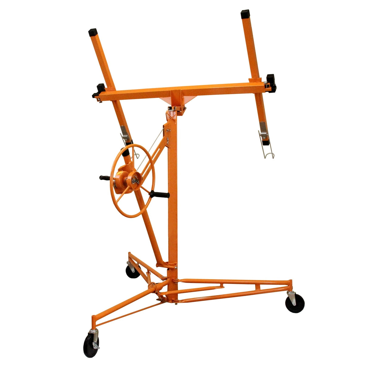 Heavy-duty drywall lifter hoist in bright orange, featuring adjustable arms, a sturdy base, and smooth-rolling wheels for easy maneuverability