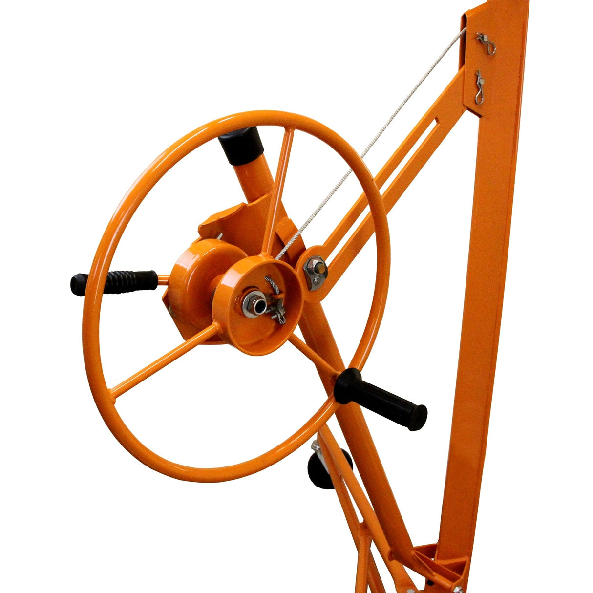 Orange drywall lifter hoist with a large circular wheel, sturdy metal frame, and ergonomic handles for easy operation and maneuverability