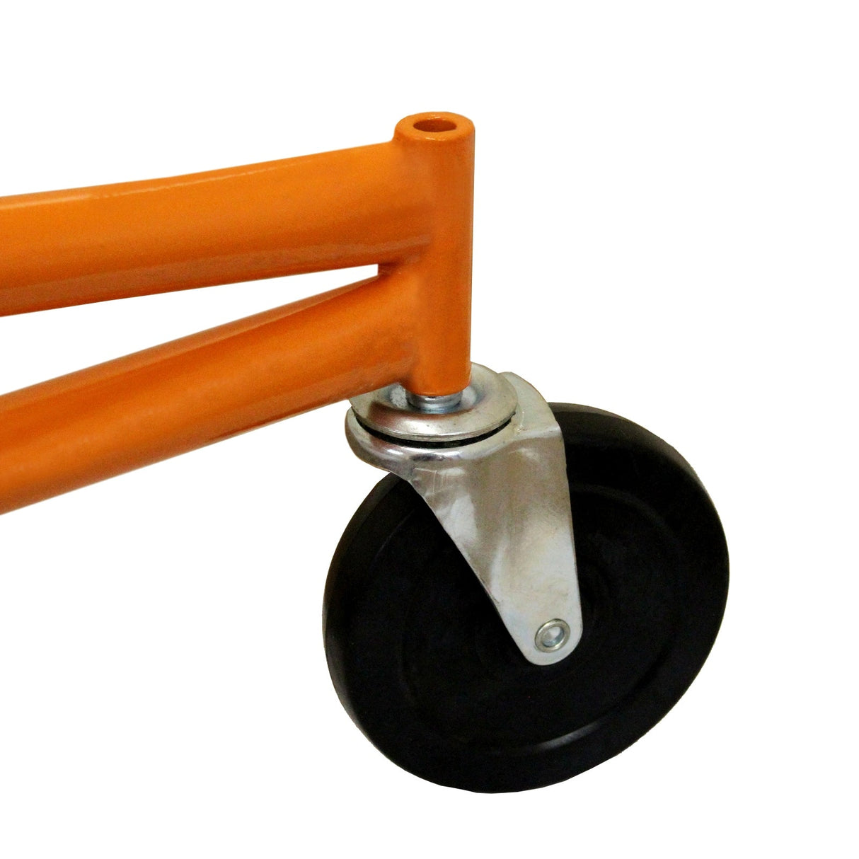 Close-up of a sturdy orange metal frame with a black rubber wheel, showcasing the durable design of a drywall lifter hoist trolley