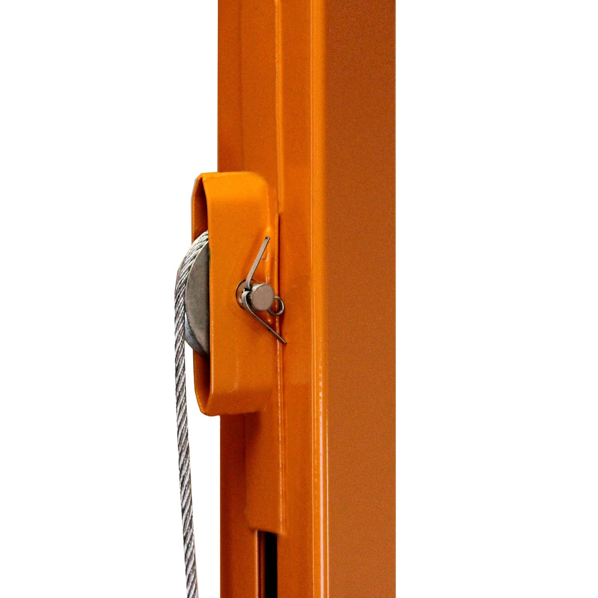 Close-up of a sturdy orange drywall lifter hoist with a metal pulley and cable, showcasing its durable construction and functionality