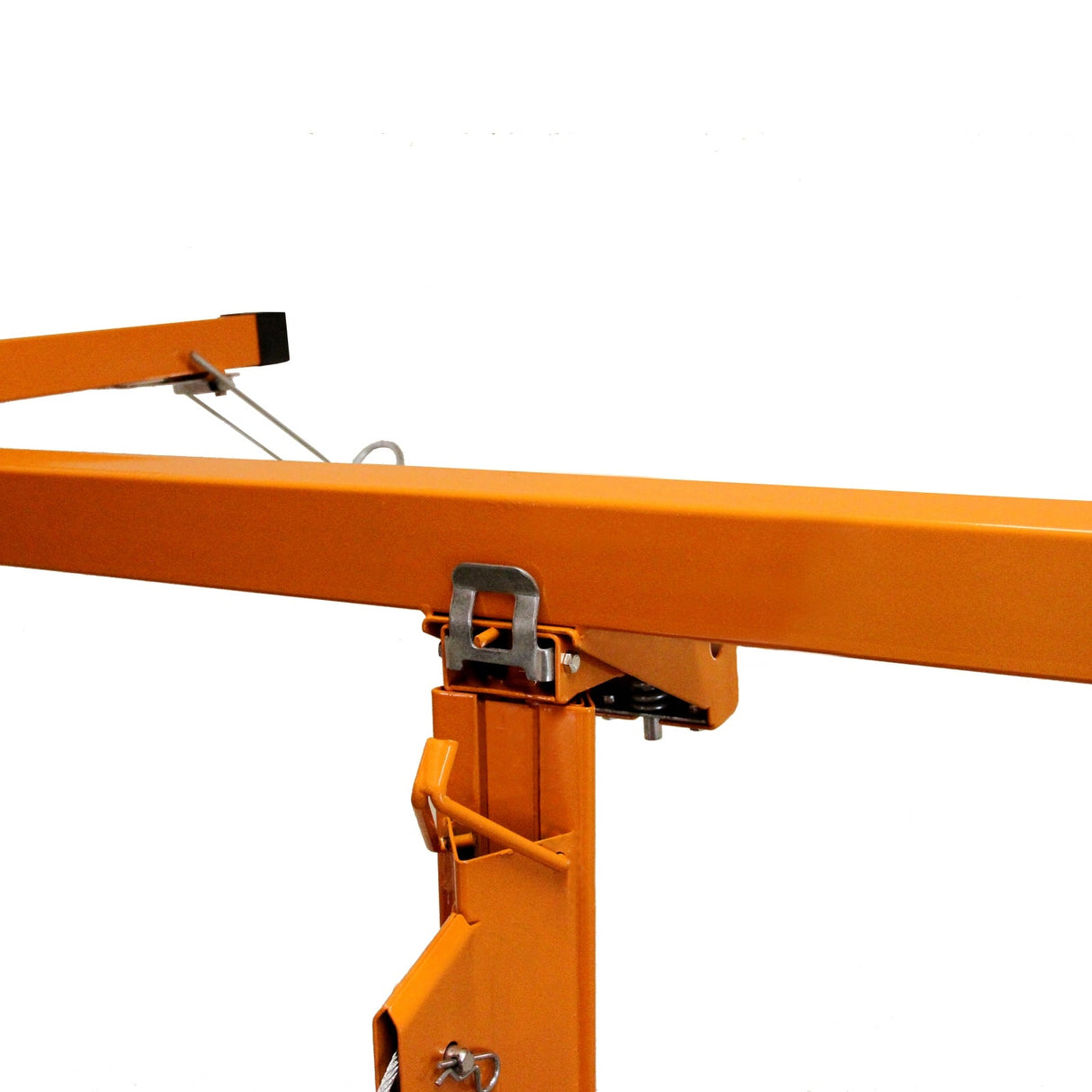 Bright orange drywall lifter hoist with sturdy metal frame, adjustable height, and secure lifting mechanism for easy plasterboard handling