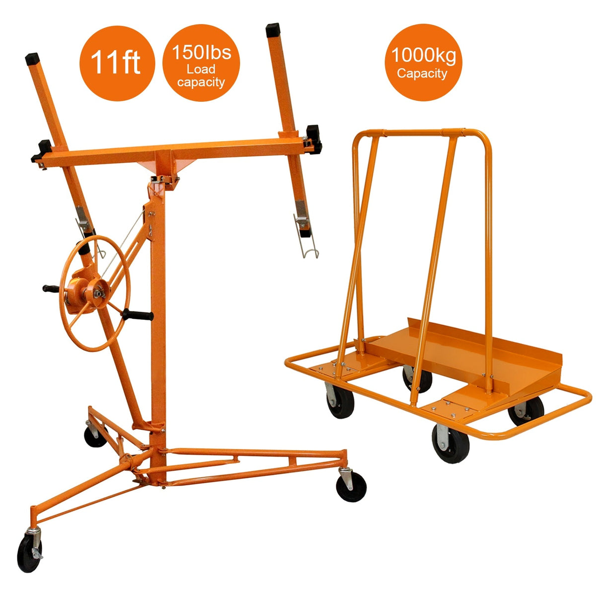Heavy-duty drywall lifter hoist in bright orange, adjustable to 11ft, with a sturdy trolley for easy transport of plaster boards