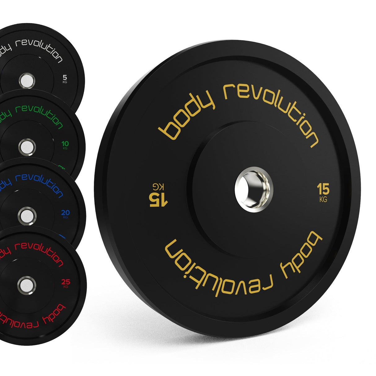 Black Body Revolution Olympic bumper plate with gold lettering, featuring a smooth texture and a central hole for barbell use, weighing 15 kg