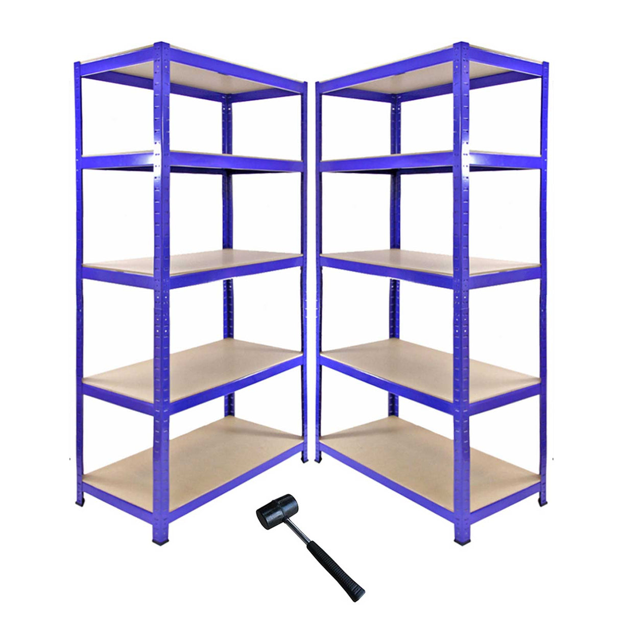 Blue metal corner shelving unit with two 90cm garage storage bays, featuring sturdy shelves and a rubber mallet for assembly