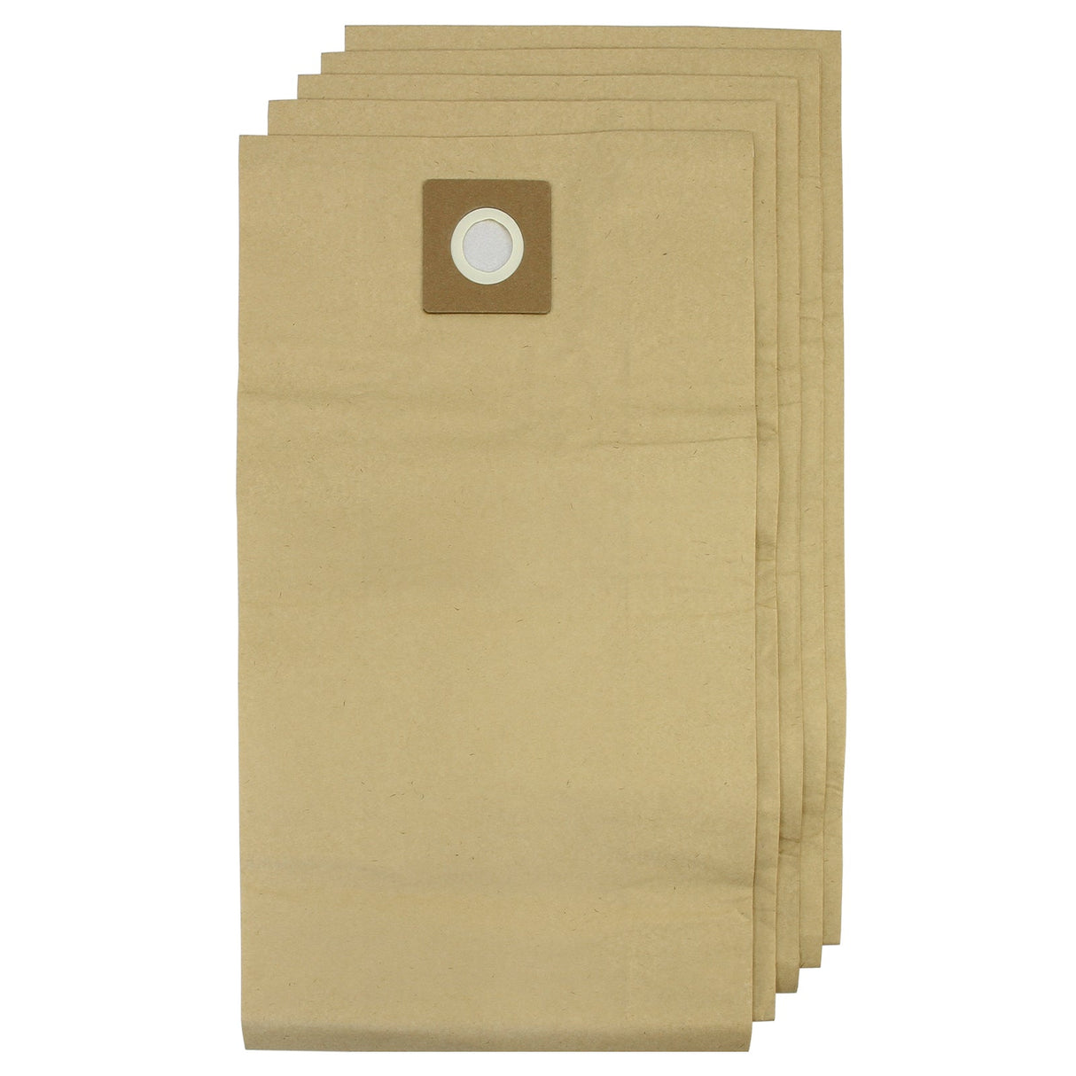 Brown paper vacuum cleaner dust bags, five-pack, featuring a circular opening and sturdy texture for efficient dirt collection