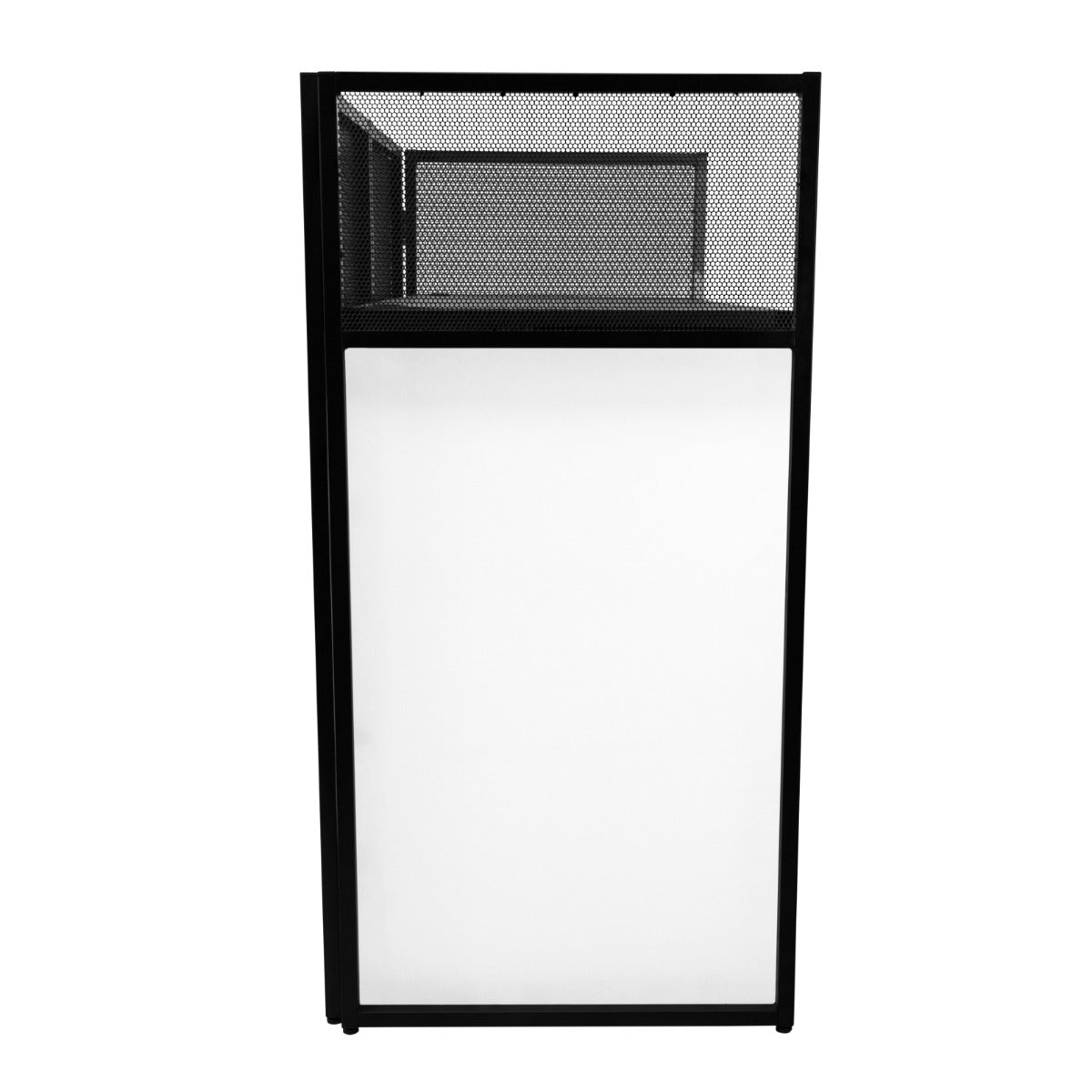Sleek black DJ disco booth with a mesh top and smooth white panel, perfect for events and parties, offering a modern aesthetic