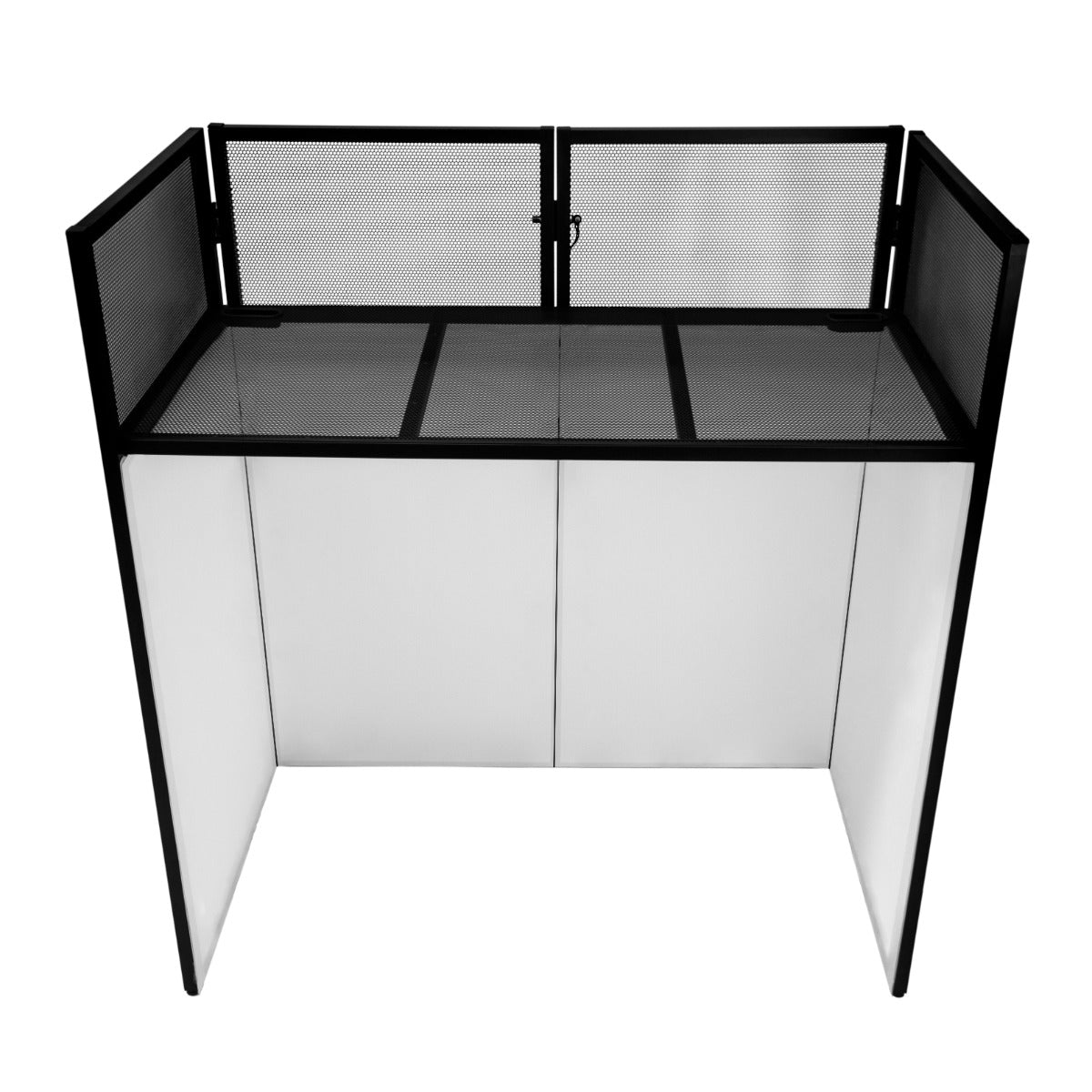 Sleek black DJ disco booth with a mesh top and white panels, ideal for events, featuring a modern, minimalist design