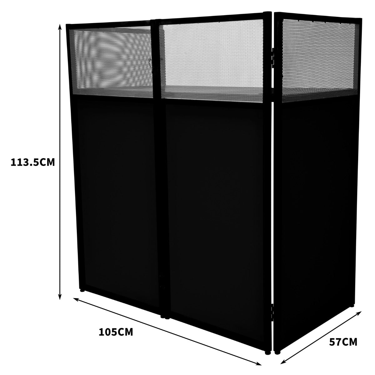 Black DJ disco booth with mesh panels, measuring 113.5cm high, 105cm wide, and 57cm deep, designed for events and performances