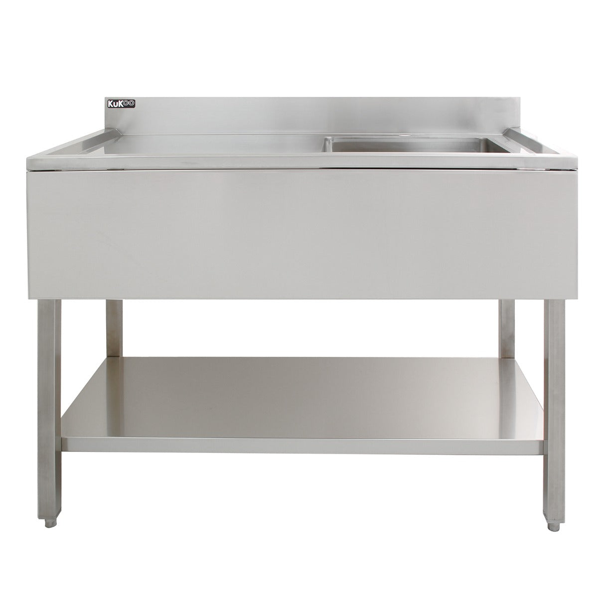 Stainless steel catering sink with a left-hand drainer, featuring a sleek design, smooth surface, and sturdy legs for durability