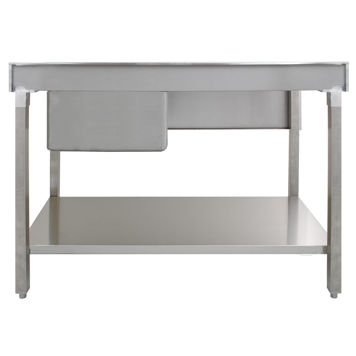 Stainless steel catering sink with left-hand drainer, featuring a smooth surface, sturdy frame, and spacious lower shelf for storage