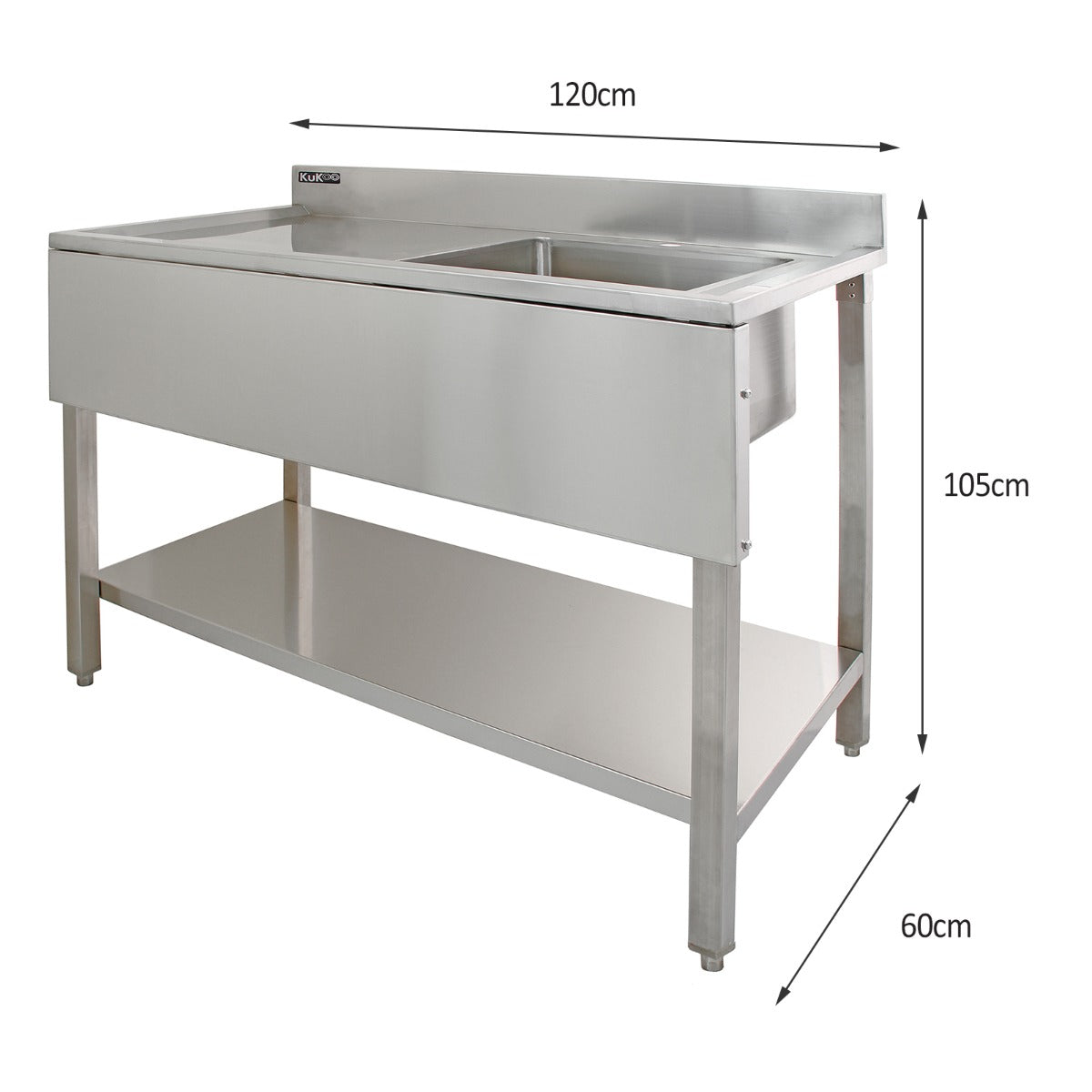 Stainless steel catering sink with left-hand drainer, featuring a sleek surface, sturdy legs, and a spacious bottom shelf for storage