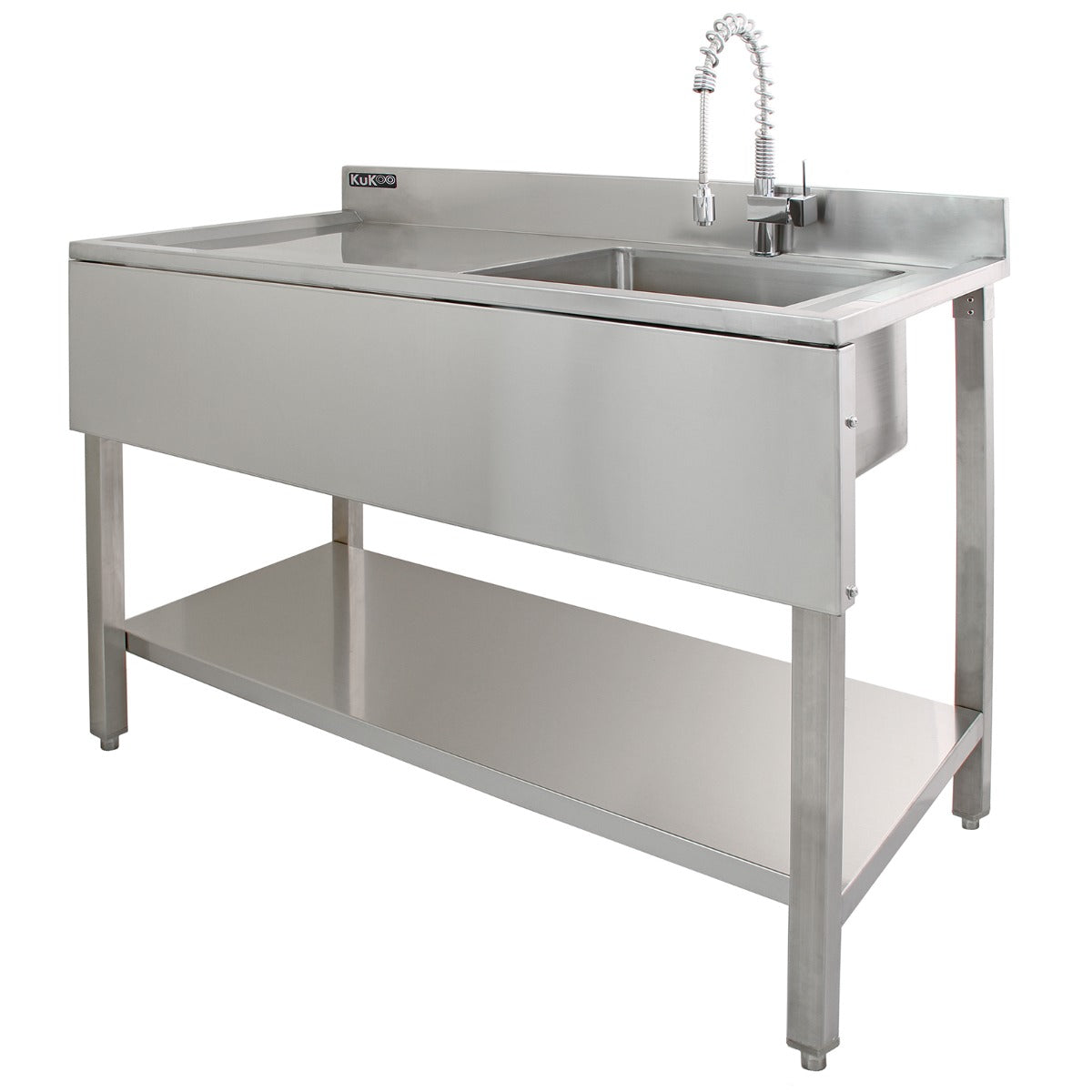 Stainless steel catering sink with left-hand drainer, featuring a sleek design, polished surface, and sturdy under-shelf for storage