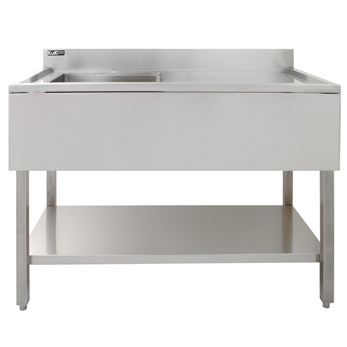 Stainless steel catering sink with right-hand drainer, featuring a sleek surface, sturdy legs, and a spacious lower shelf for storage