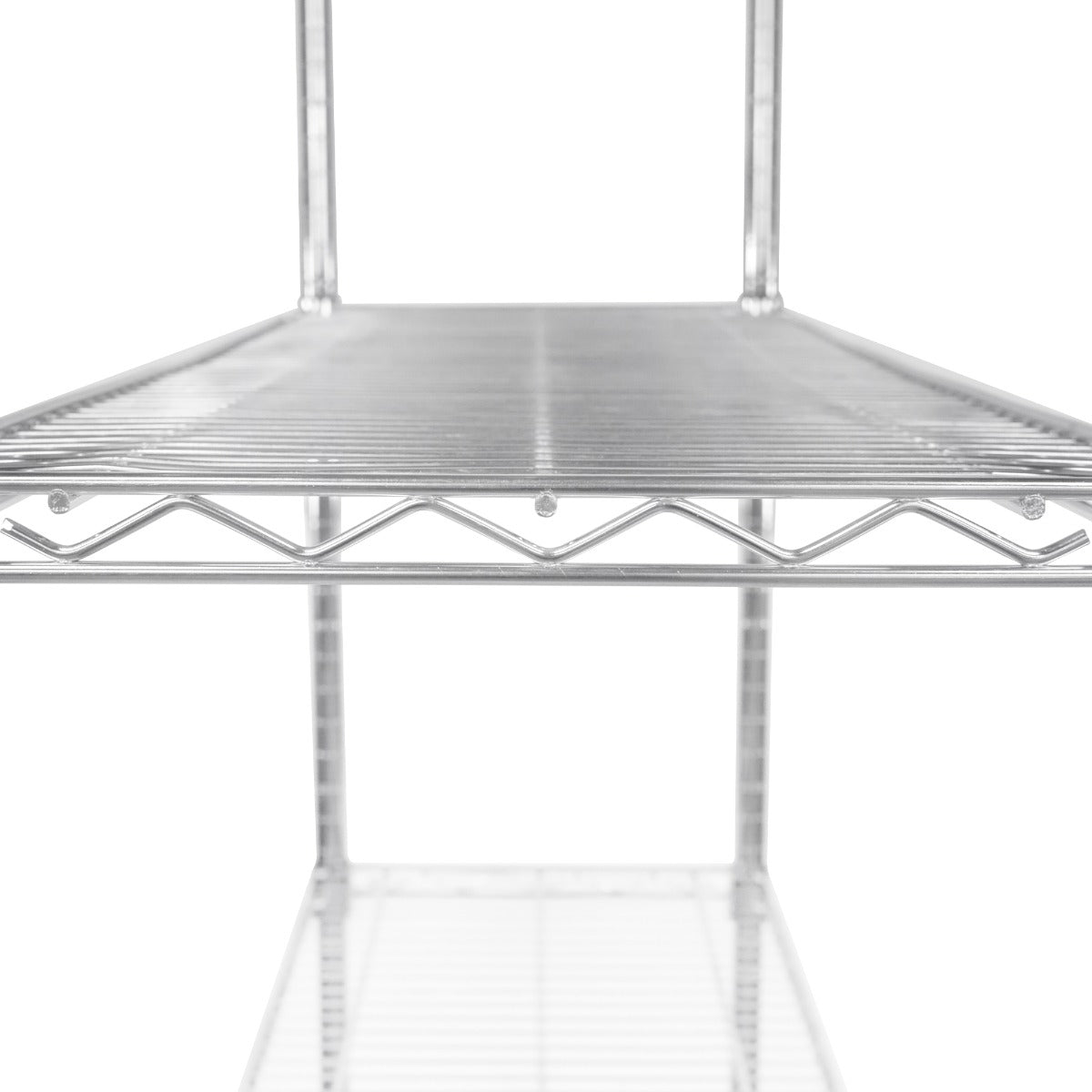 Sturdy chrome wire racking unit with three shelves, featuring a sleek design and open grid pattern for ventilation and visibility