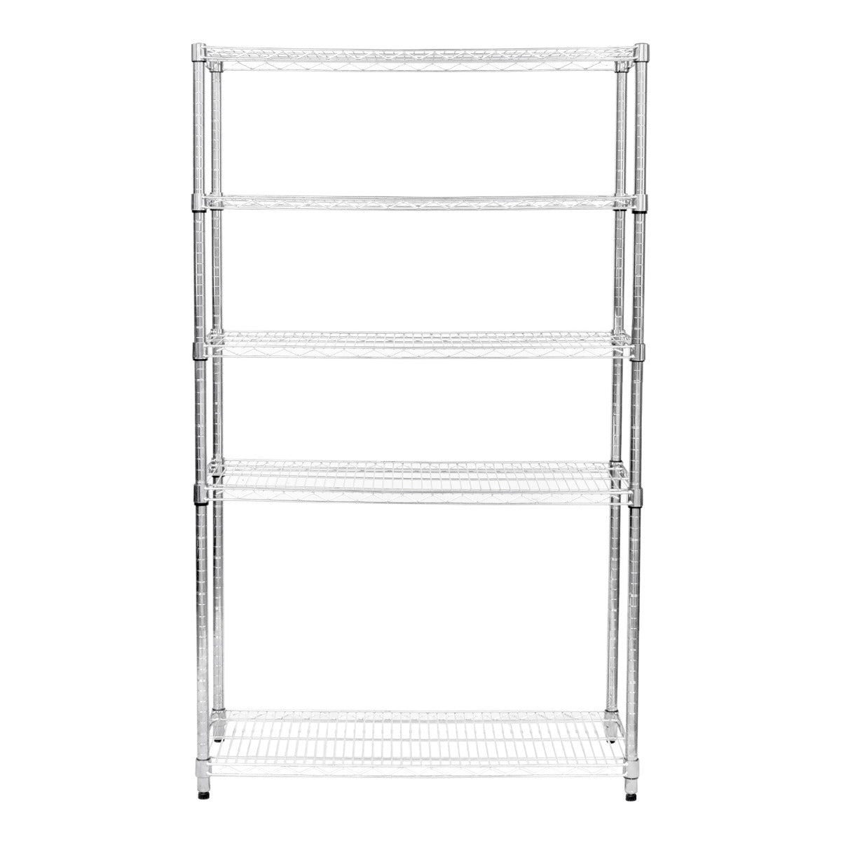 Metal wire racking unit in chrome finish, measuring 45cm x 120cm x 180cm, featuring four sturdy shelves for storage and organization