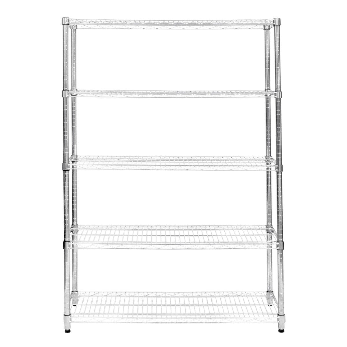 Sturdy chrome wire racking unit with four spacious shelves, ideal for storage in kitchens or garages, featuring a sleek, modern design